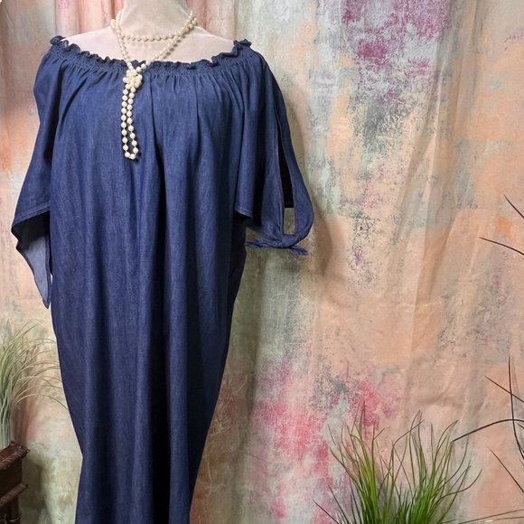 📌Terra & Sky Denim Dress with Smocked Neckline Wear On or Off Shoulders - Picture 4 of 13